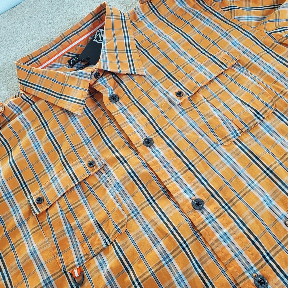 CAVI Men's Button Up Shirt Size 4XL Military Style 4 Front Pockets Orange Plaid